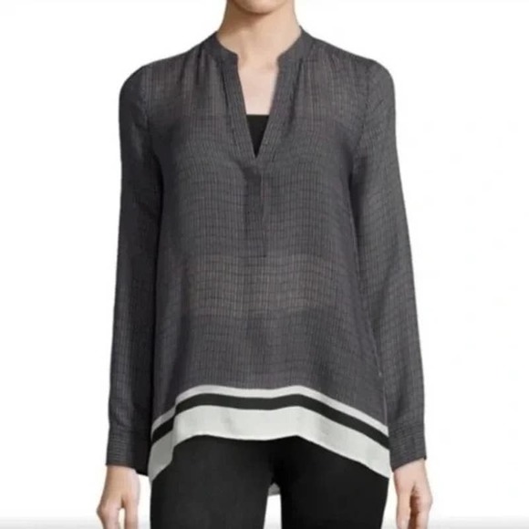 VINCE Black Cream Sheer Silk Georgette Long Sleeve Oversized Blouse Top XS Vneck - Picture 1 of 11